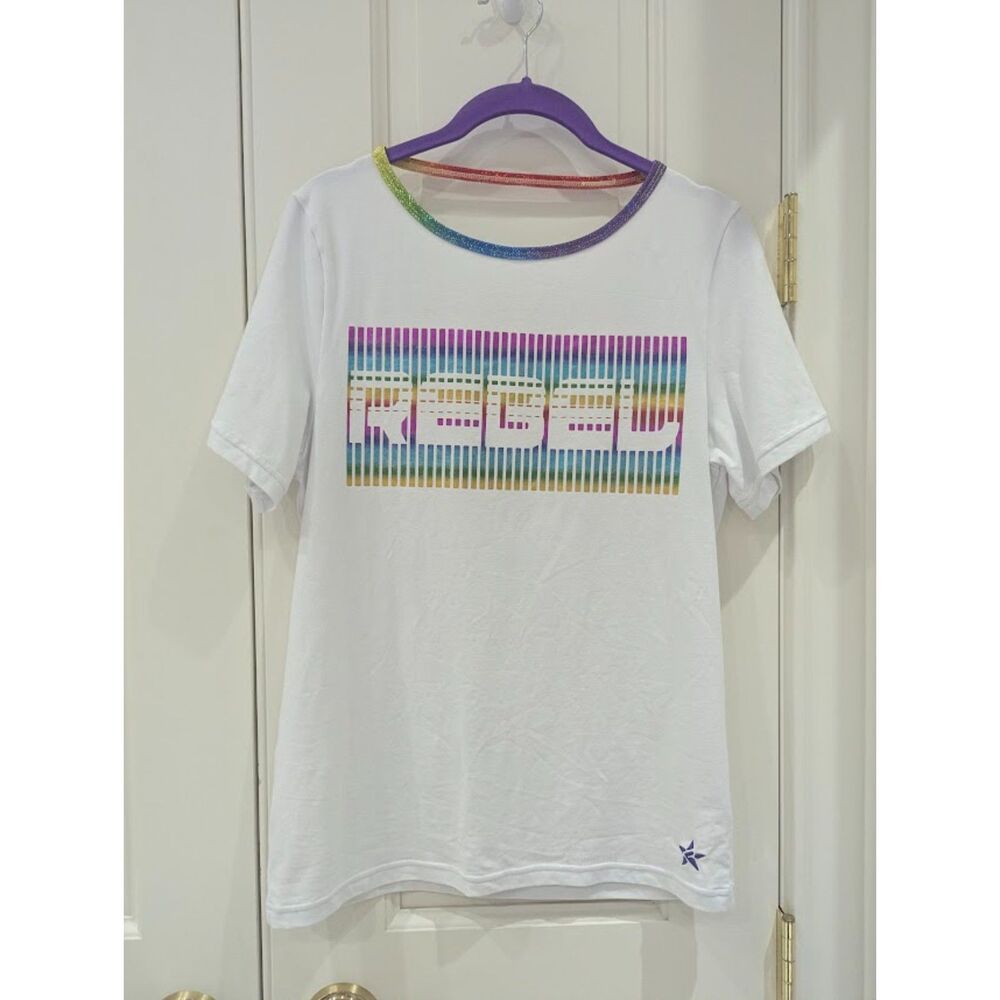 Rebel Athletic AXS white metallic rainbow logo T-shirt open back